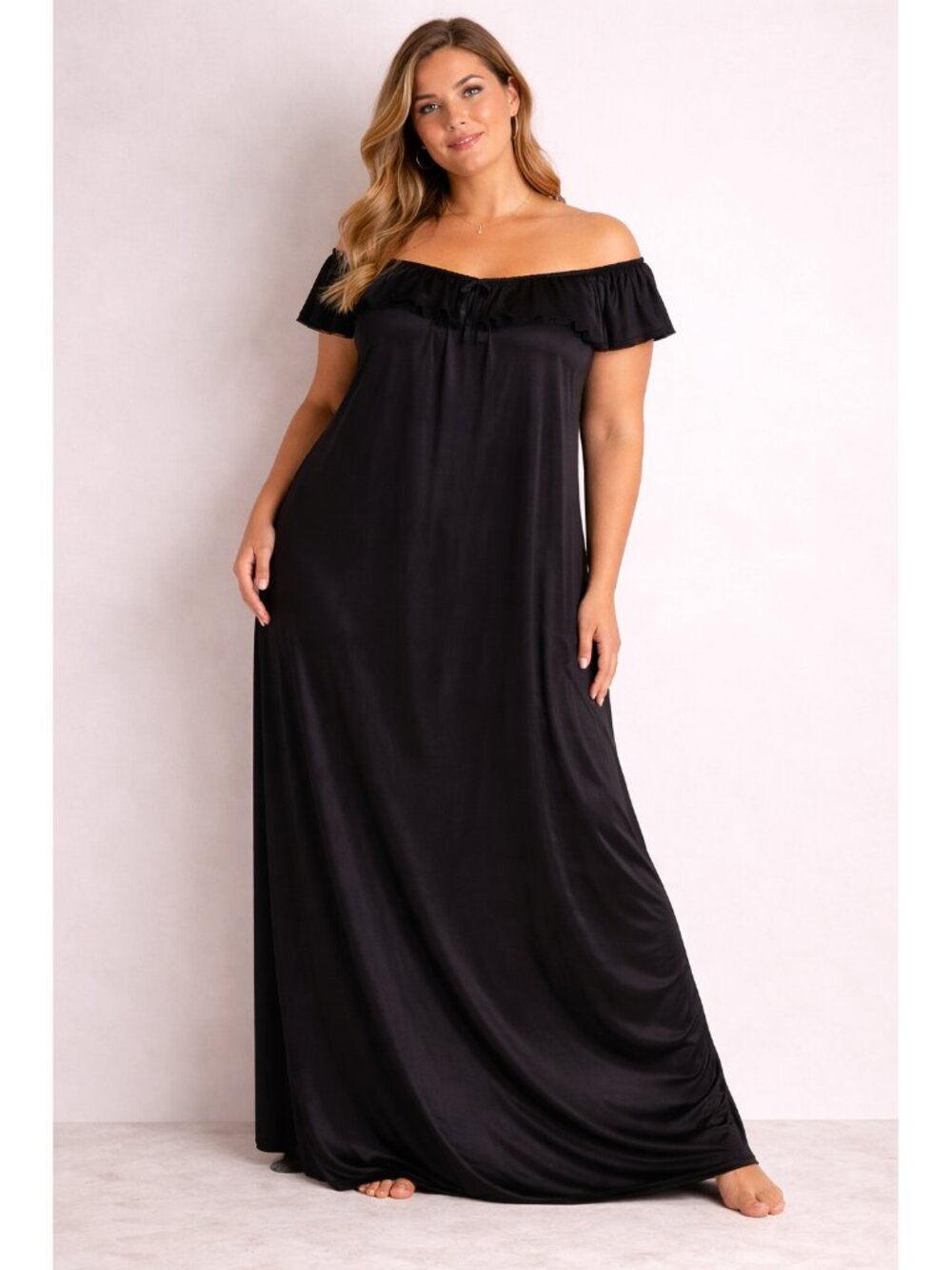 Womens Plus Sz 3XL Long Soft Sheer Black Satin Nightgown Ruffle Neckline